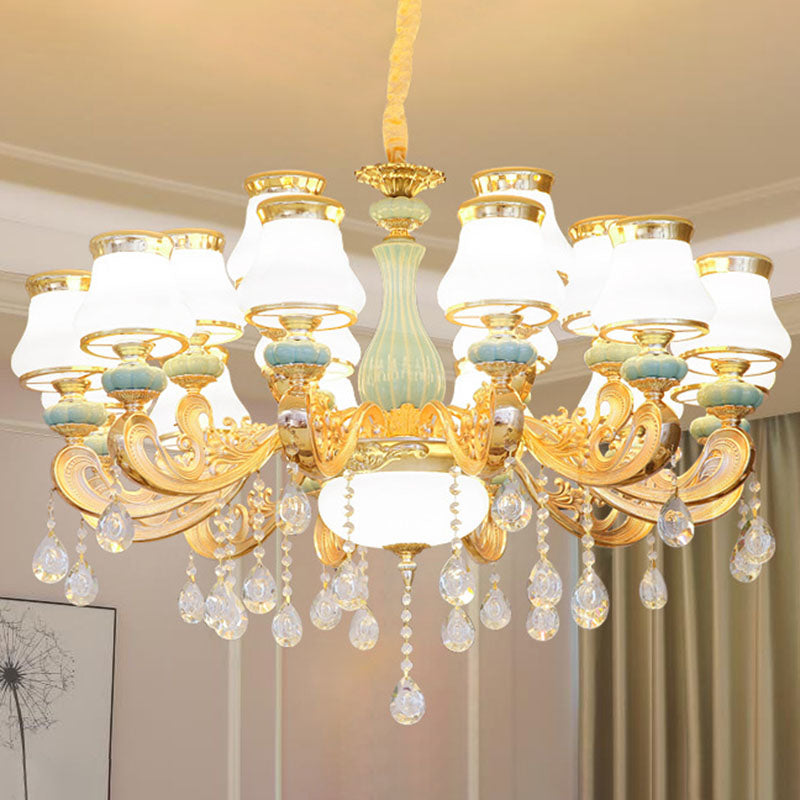 Lámpara de lámpara de tono de pera de vidrio lácteo lámpara de lámpara simple con caída de cristal en oro