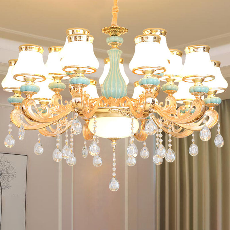 Lámpara de lámpara de tono de pera de vidrio lácteo lámpara de lámpara simple con caída de cristal en oro