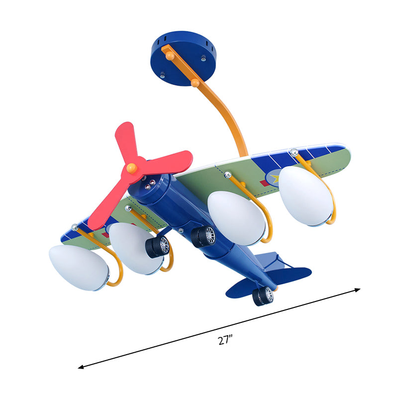 Blue Propeller Plane Chandelier 4 Bulbs Cartoon Metal Hanging Lighting for Child Bedroom