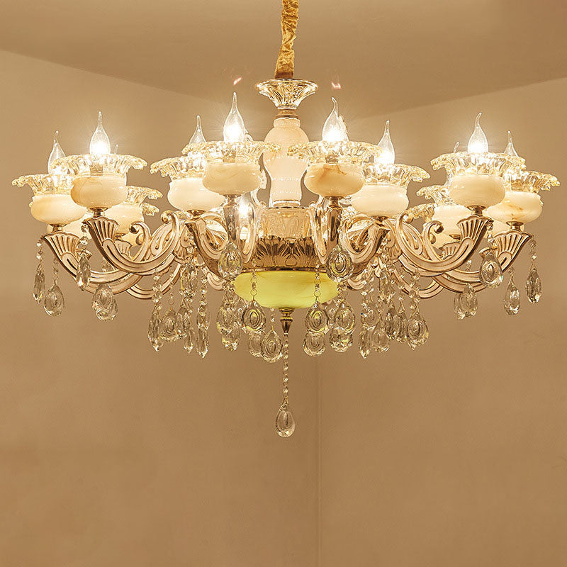 Gold Petal Chandelier Lamp Contemporary Jade Suspension Light with Crystal Draping