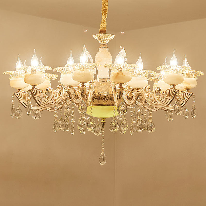Gold Petal Chandelier Lamp Contemporary Jade Suspension Light with Crystal Draping