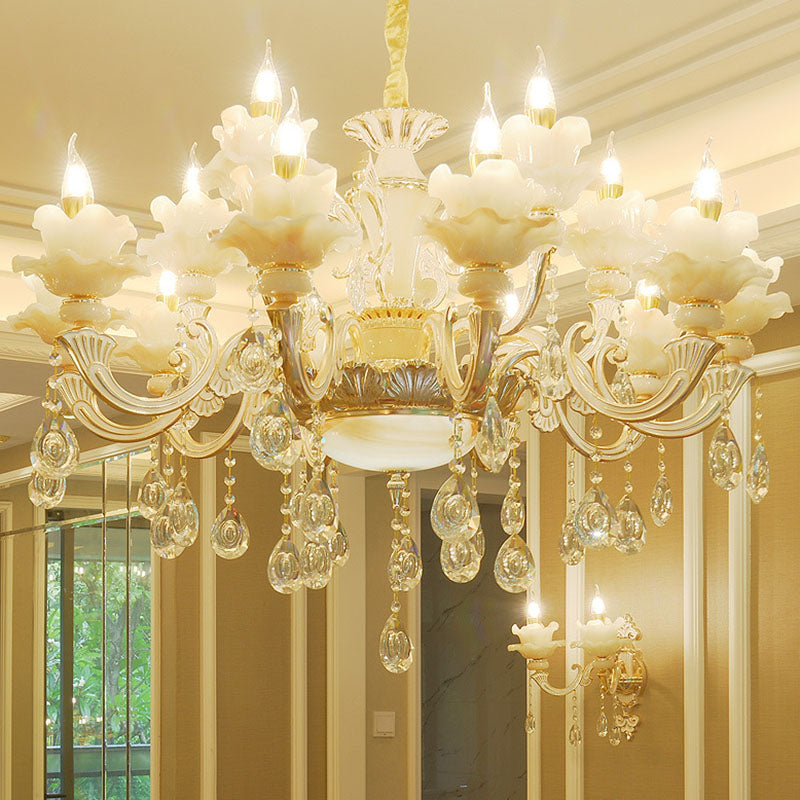 Gold Petal Chandelier Lamp Contemporary Jade Suspension Light with Crystal Draping