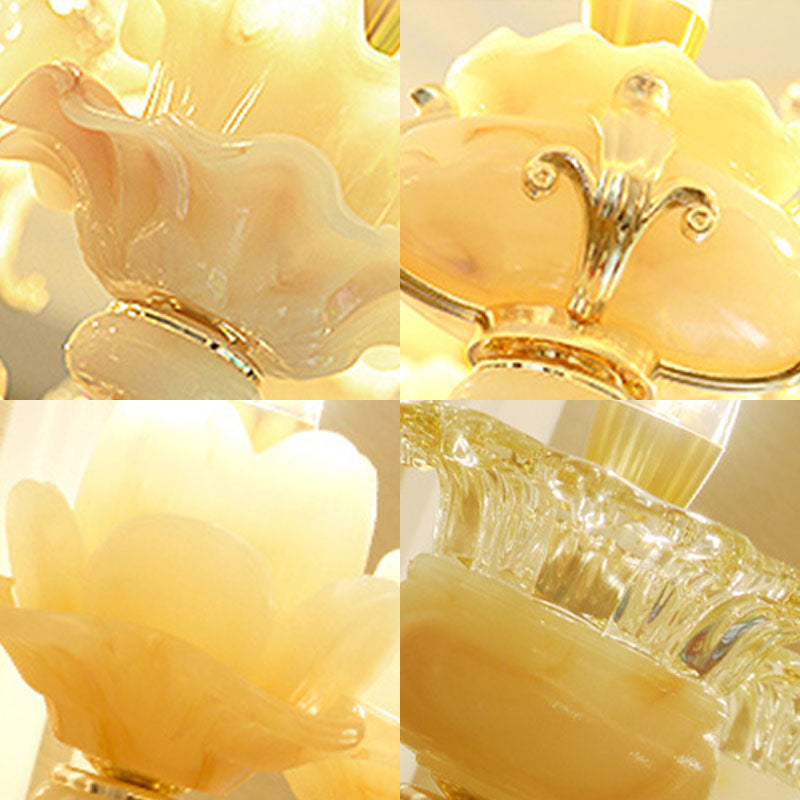 Gold Petal Chandelier Lamp Contemporary Jade Suspension Light with Crystal Draping