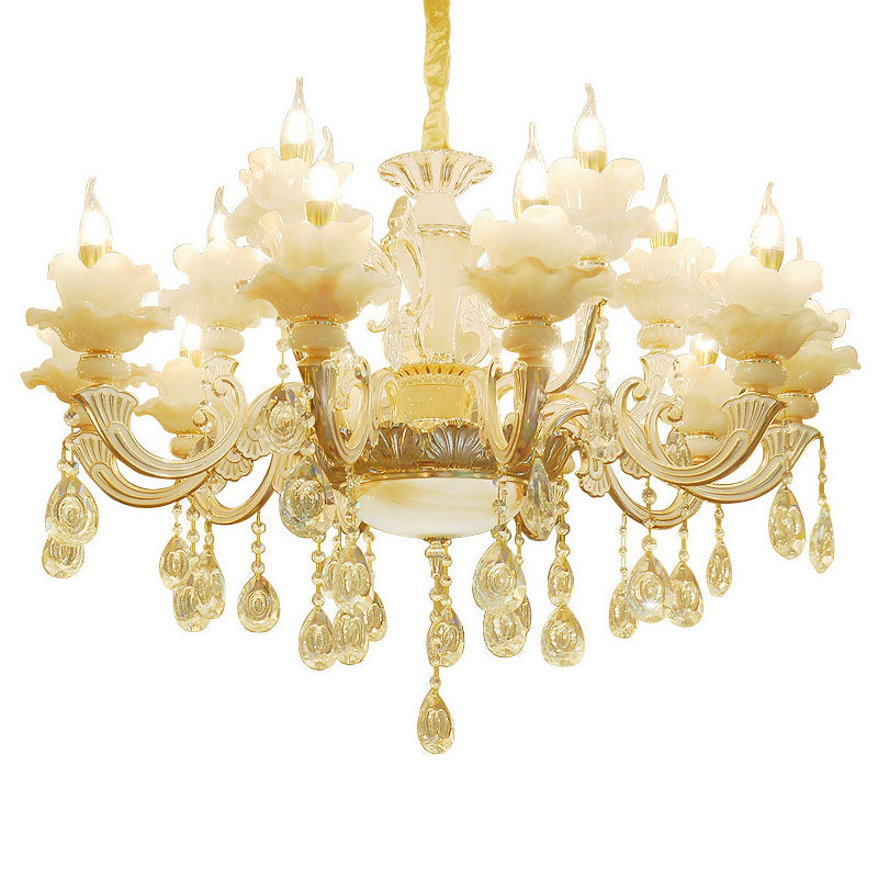 Gold Petal Chandelier Lamp Contemporary Jade Suspension Light with Crystal Draping