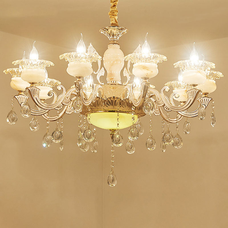 Gold Petal Chandelier Lamp Contemporary Jade Suspension Light with Crystal Draping