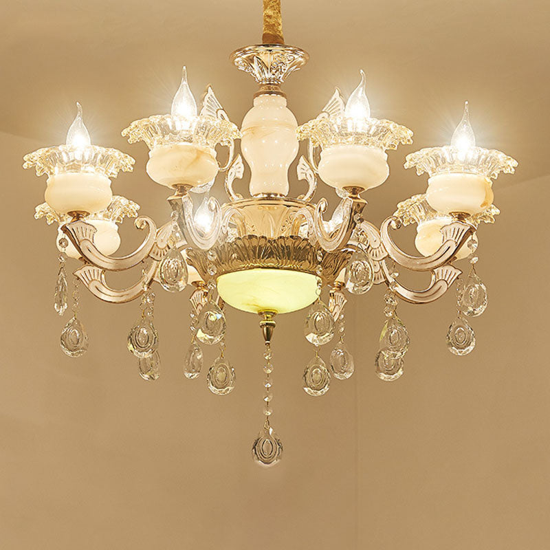 Gold Petal Chandelier Lamp Contemporary Jade Suspension Light with Crystal Draping