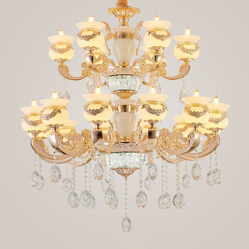 Gold Candle Pendant Chandelier Country Jade Living Room Hanging Lighting with Crystal Accent
