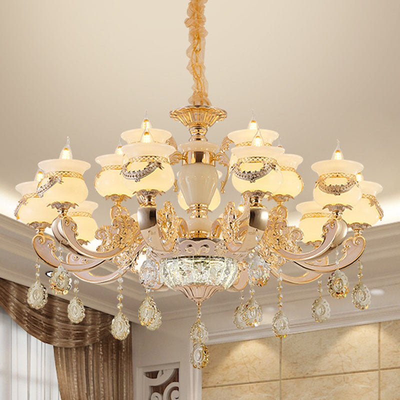 Gold Candle Pendant Chandelier Country Jade Living Room Hanging Lighting with Crystal Accent