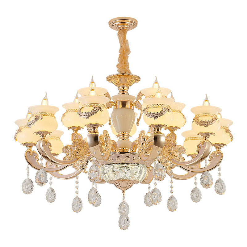 Gold Candle Pendant Chandelier Country Jade Living Room Hanging Lighting with Crystal Accent
