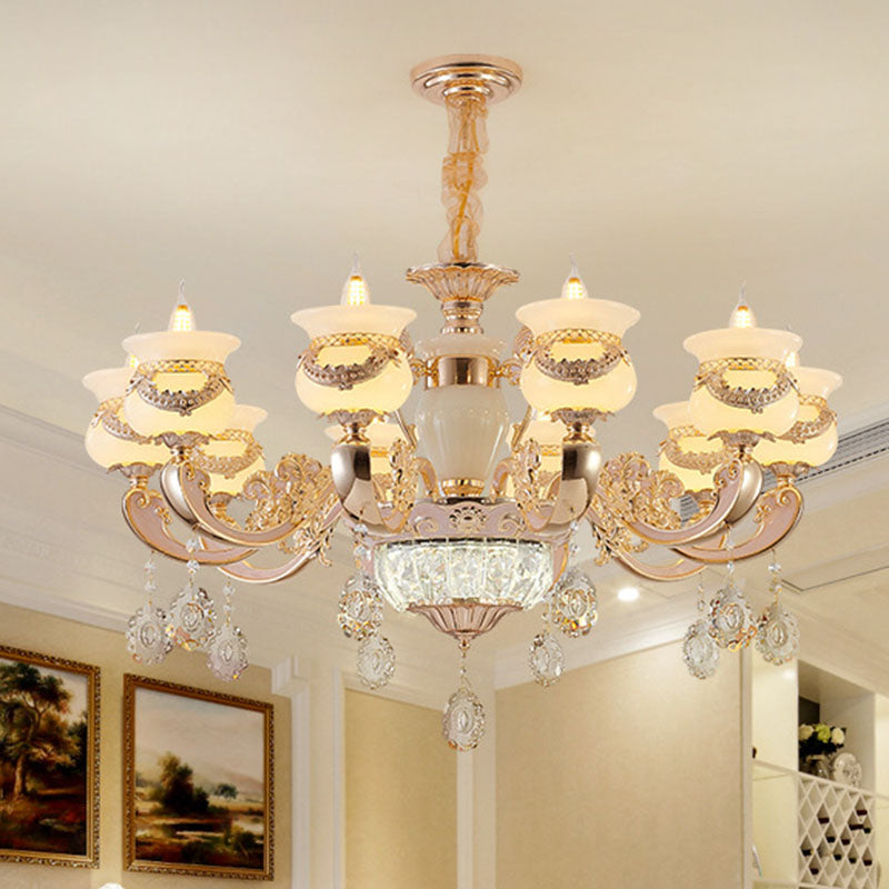 Gold Candle Pendant Chandelier Country Jade Living Room Hanging Lighting with Crystal Accent