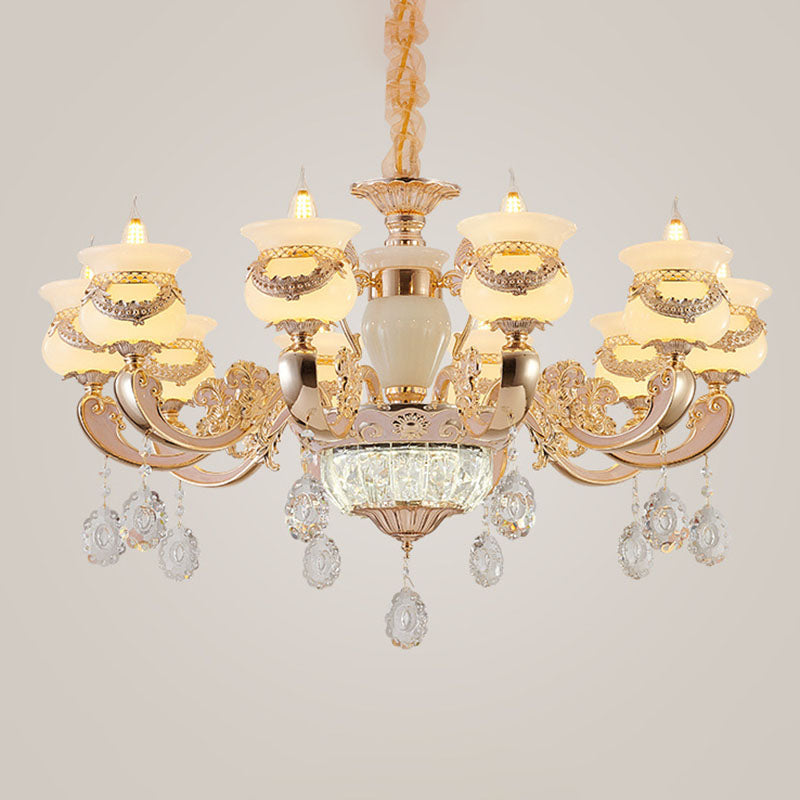 Gold Candle Pendant Chandelier Country Jade Living Room Hanging Lighting with Crystal Accent