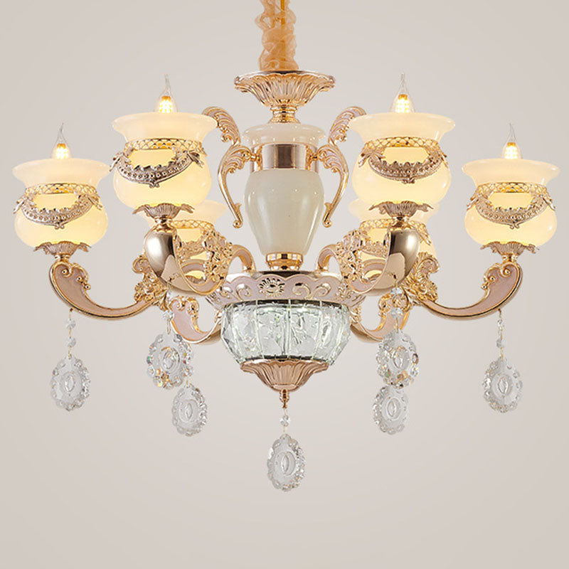 Gold Candle Pendant Chandelier Country Jade Living Room Hanging Lighting with Crystal Accent
