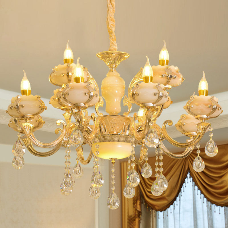 Floral Living Room Ceiling Pendant Rustic Jade Gold Chandelier Lighting Fixture with Crystal Draping