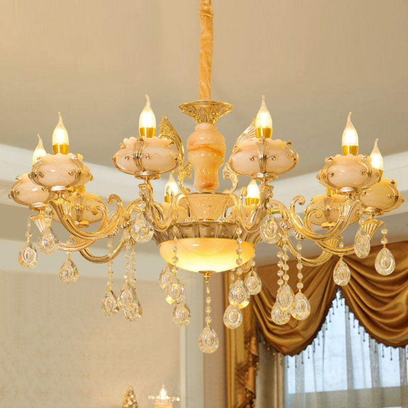 Floral Living Room Ceiling Pendant Rustic Jade Gold Chandelier Lighting Fixture with Crystal Draping