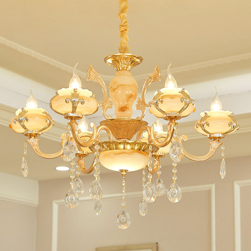 Floral Living Room Ceiling Pendant Rustic Jade Gold Chandelier Lighting Fixture with Crystal Draping