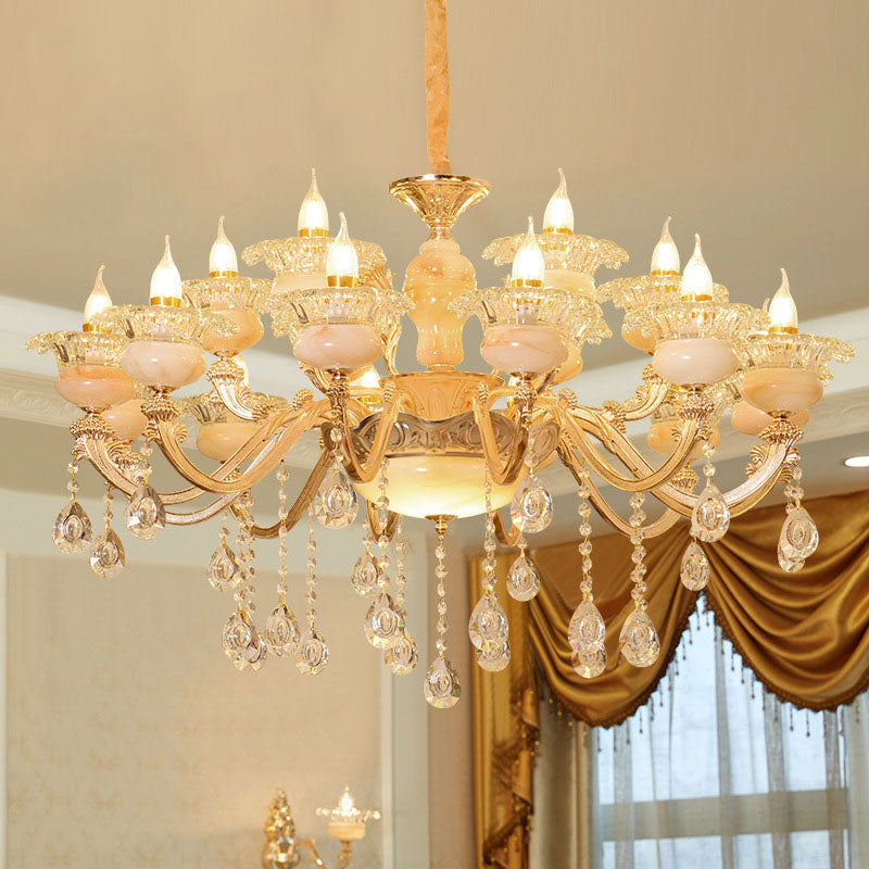 Floral Living Room Ceiling Pendant Rustic Jade Gold Chandelier Lighting Fixture with Crystal Draping