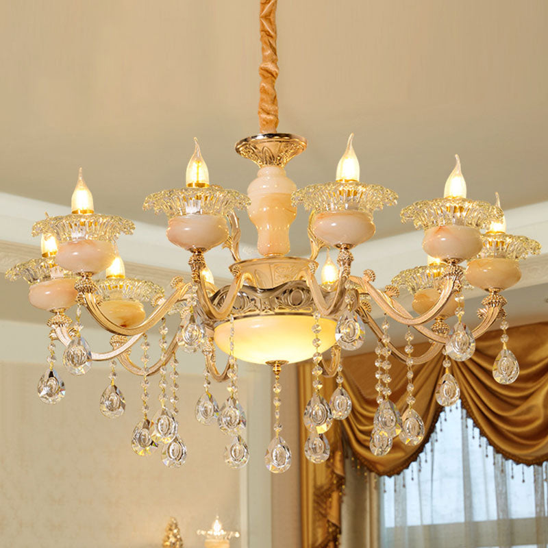 Floral Living Room Ceiling Pendant Rustic Jade Gold Chandelier Lighting Fixture with Crystal Draping
