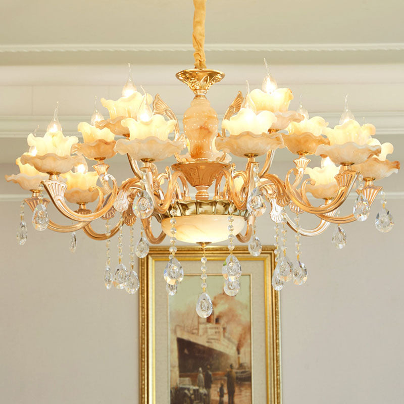 Floral Living Room Ceiling Pendant Rustic Jade Gold Chandelier Lighting Fixture with Crystal Draping