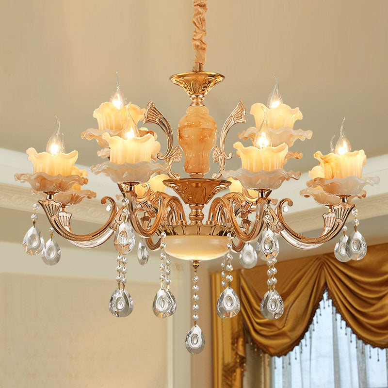 Floral Living Room Ceiling Pendant Rustic Jade Gold Chandelier Lighting Fixture with Crystal Draping