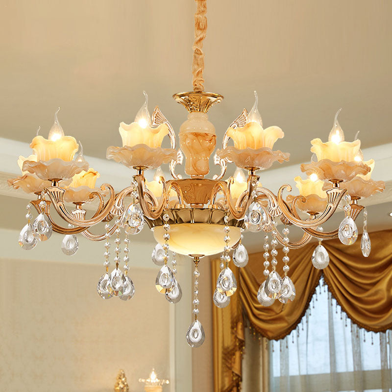 Floral Living Room Ceiling Pendant Rustic Jade Gold Chandelier Lighting Fixture with Crystal Draping