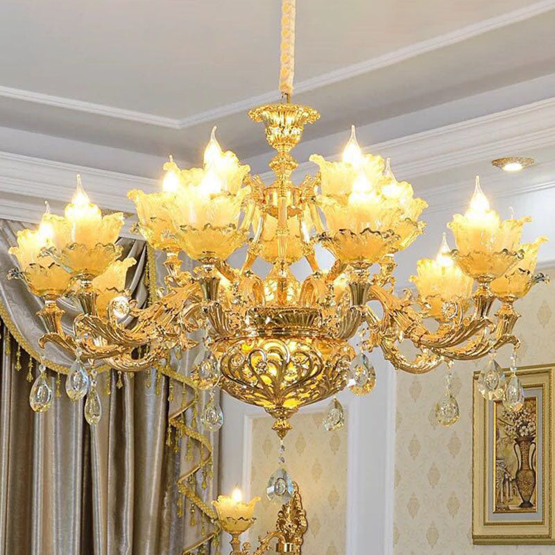 Petal Living Room Hanging Chandelier Amber Textured Glass Modernism Pendant Light Fixture in Gold