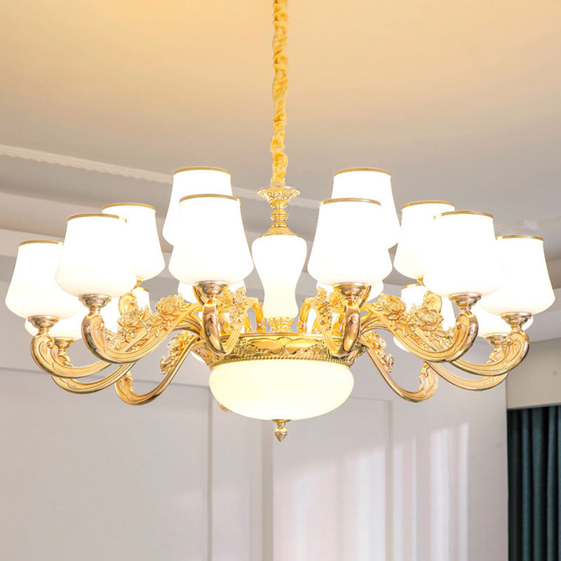 Colgante cónico colgante simple accesorio de iluminación de lámpara de oro de vidrio blanco con brazo desplazado