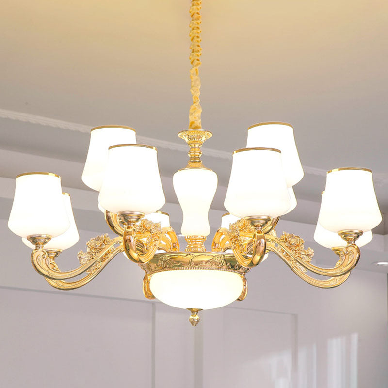 Colgante cónico colgante simple accesorio de iluminación de lámpara de oro de vidrio blanco con brazo desplazado