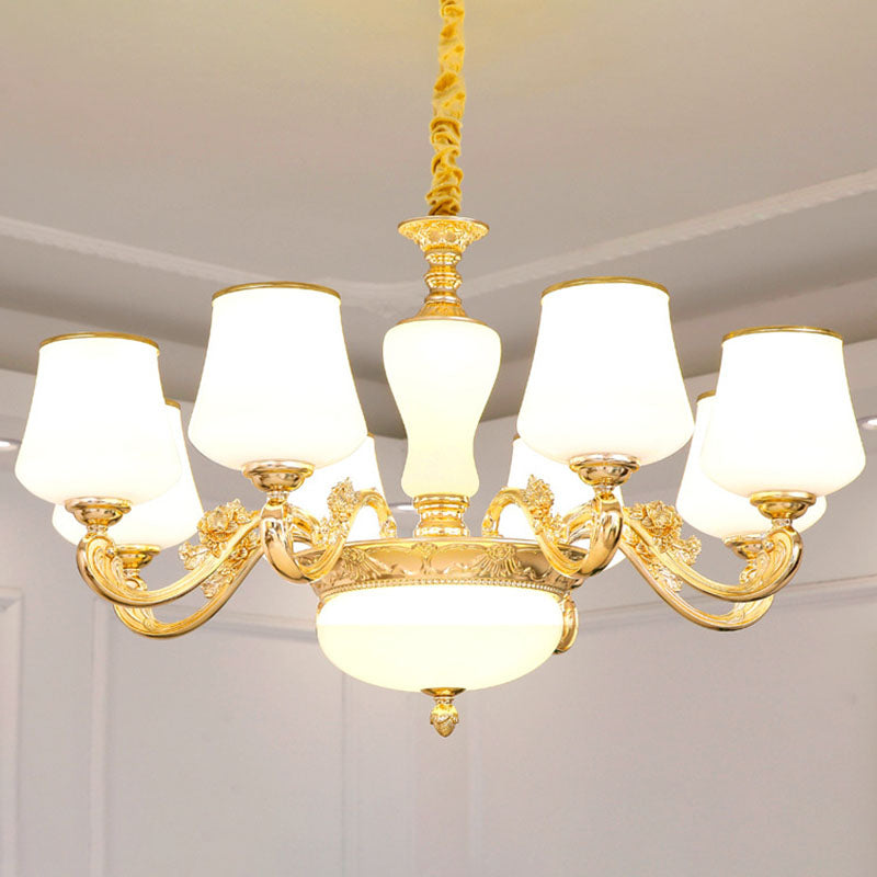 Colgante cónico colgante simple accesorio de iluminación de lámpara de oro de vidrio blanco con brazo desplazado