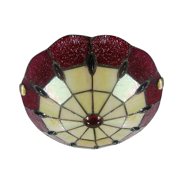 Bedroom Ceiling Light Tiffany Style 12"/16"/19.5" W Dome Shade Flush Mount Light with Jewel Decoration in Red