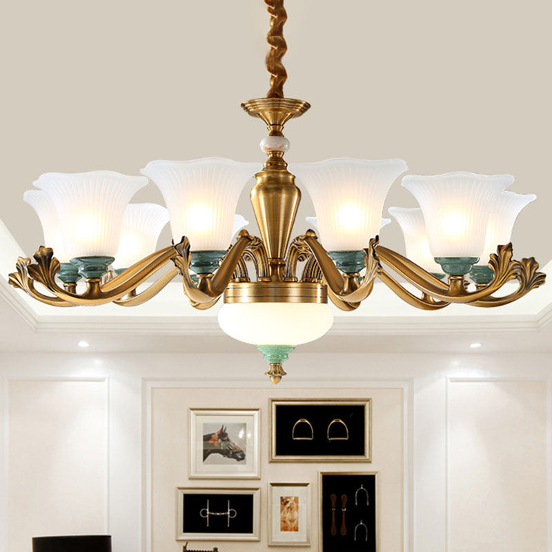Opal Glass Ruffle Up Pendant Chandelier Simple Brass Suspension Light for Dining Room