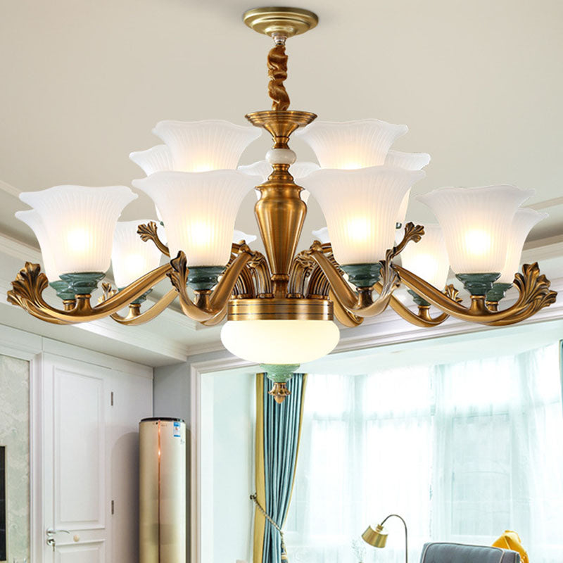 Opal Glass Ruffle Up Pendant Chandelier Simple Brass Suspension Light for Dining Room