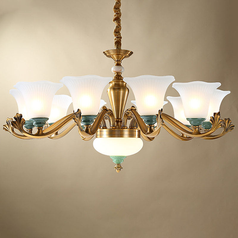 Opal Glass Ruffle Up Pendant Chandelier Simple Brass Suspension Light for Dining Room