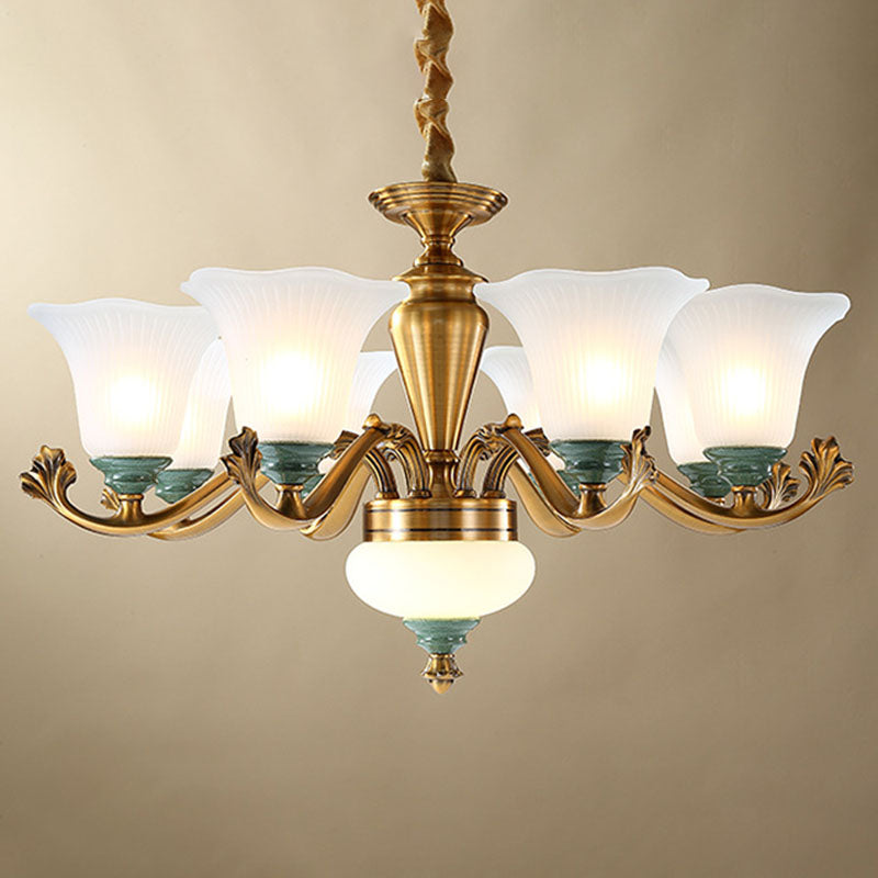 Opal Glass Ruffle Up Pendant Chandelier Simple Brass Suspension Light for Dining Room