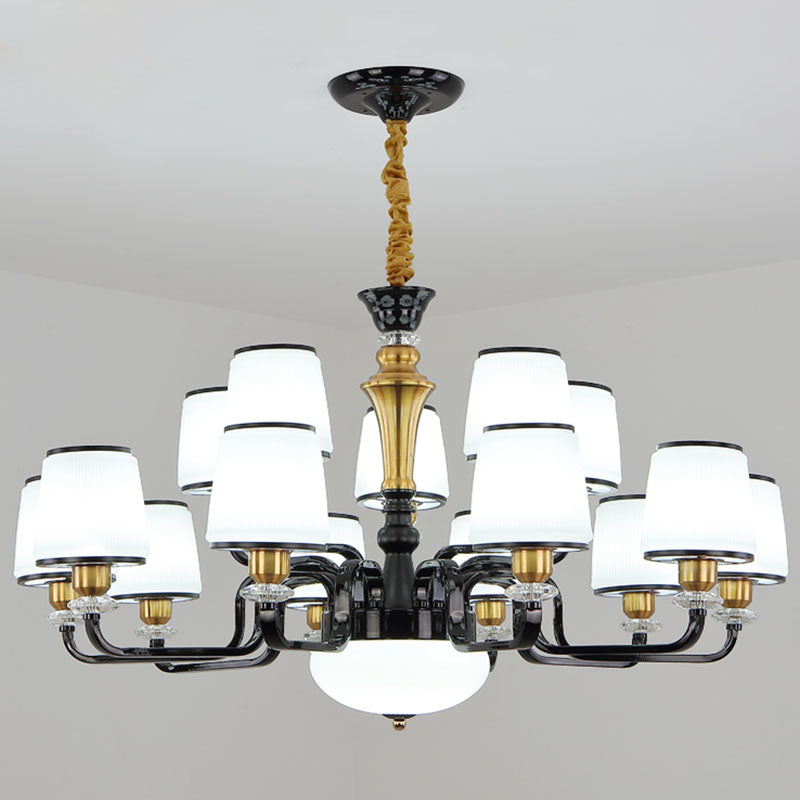 White Glass Barrel Drop Lamp Contemporary Black Chandelier Light Fixture for Dining Room