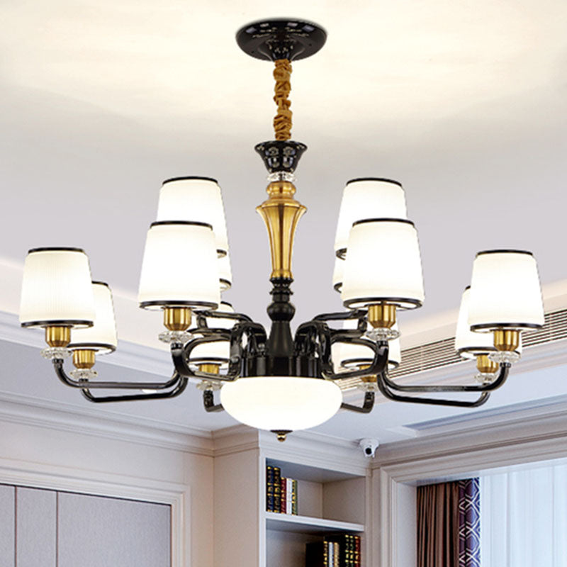 White Glass Barrel Drop Lamp Contemporary Black Chandelier Light Fixture for Dining Room