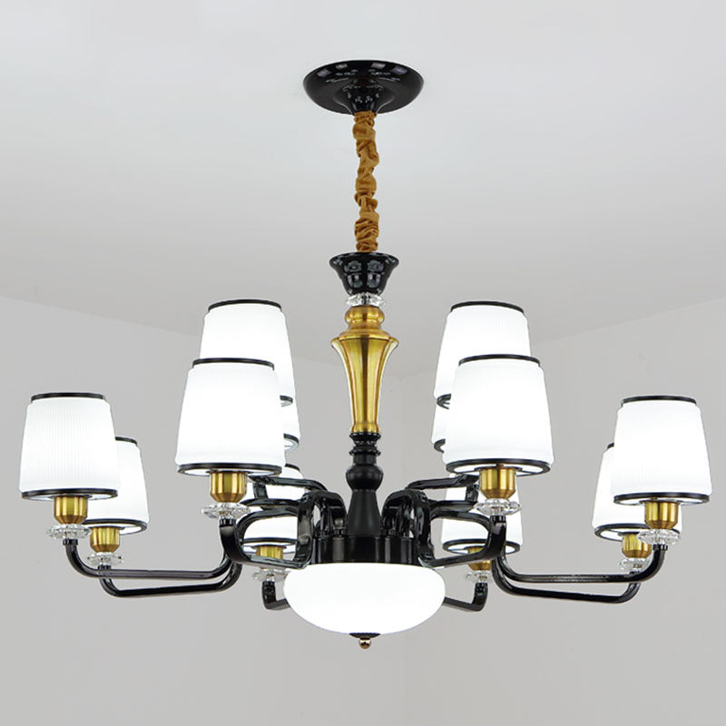 White Glass Barrel Drop Lamp Contemporary Black Chandelier Light Fixture for Dining Room