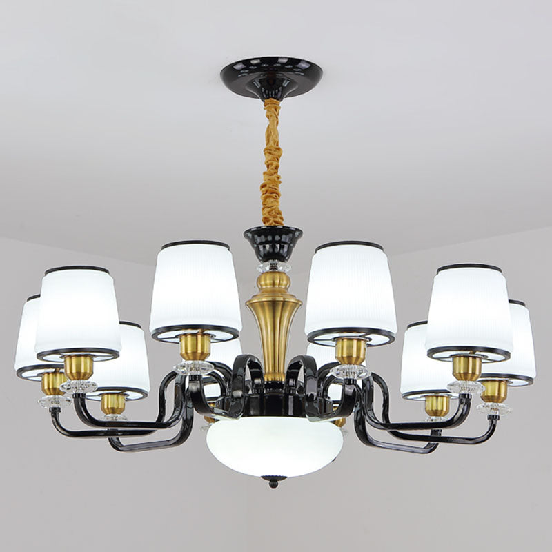 White Glass Barrel Drop Lamp Contemporary Black Chandelier Light Fixture for Dining Room