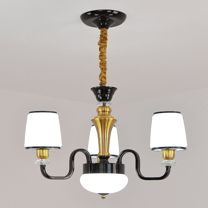 White Glass Barrel Drop Lamp Contemporary Black Chandelier Light Fixture for Dining Room