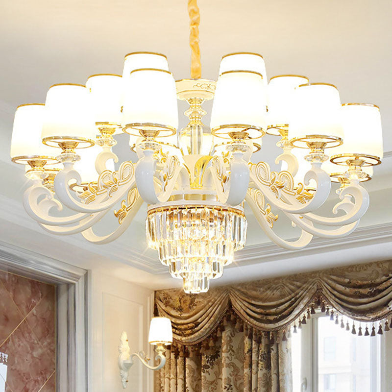 Luz de colgante colgante cónico de oro simplicidad de vidrio opalino iluminación con brazo curvo