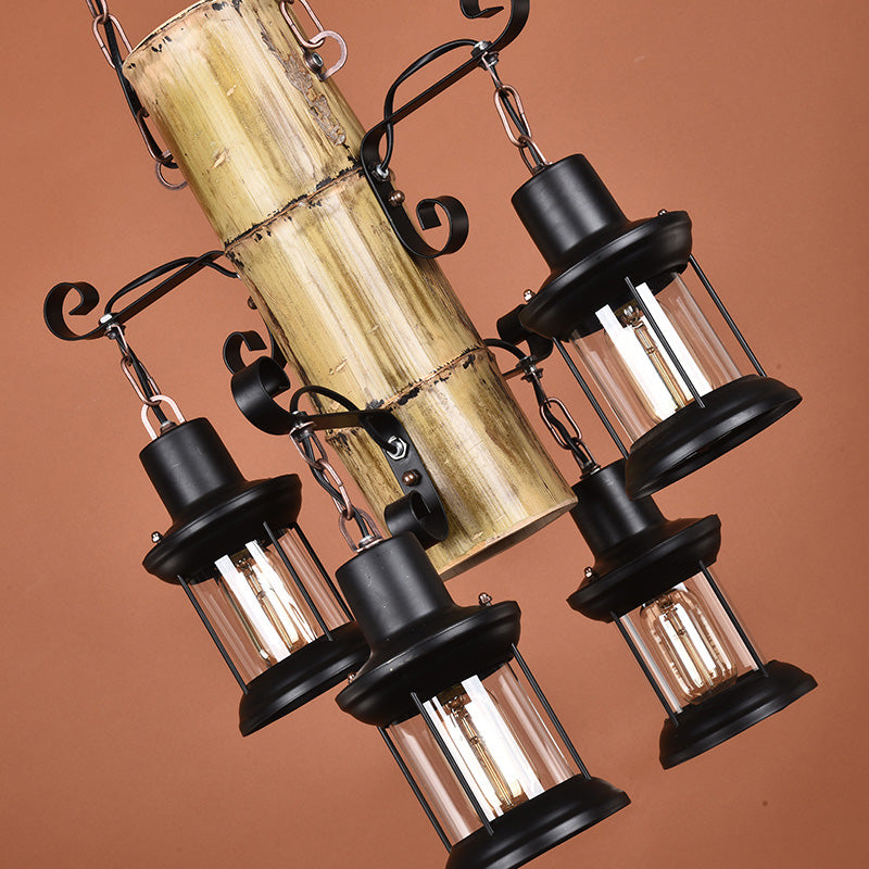 Éclairage de pendentif noir 4 lanterne légère / bougie en verre clair en verre transparent / lustre en marbre avec étagère en bambou