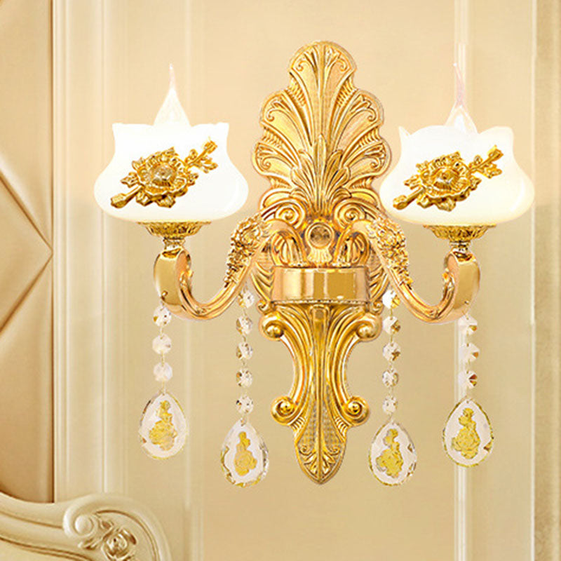 Glazen bloem wandmontage licht modernistische gouden wandlamp sconce met kristaldruppel