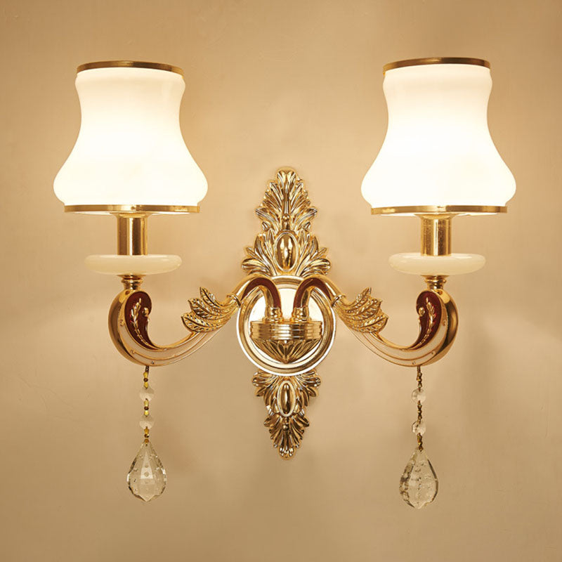Swooping Arm Wall Sconce Modernist Living Room Wall Mount Light Fixture with Glass Shade in Gold