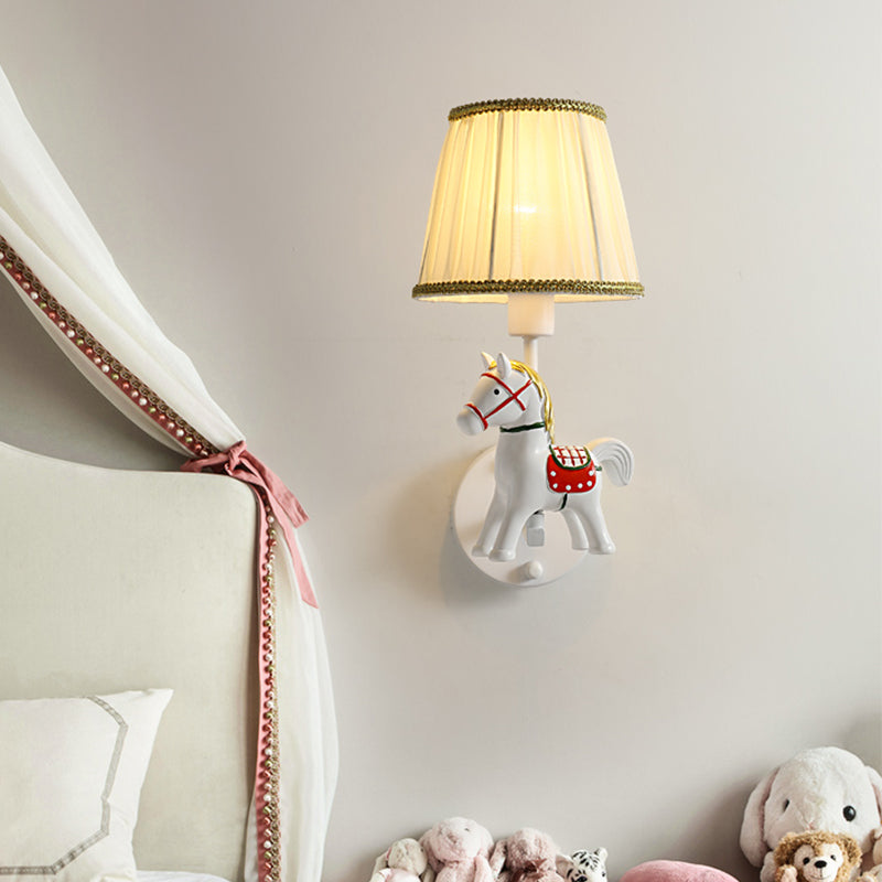 Single-Bulb Bedroom Wall Light Fixture Cartoon White Wall Mount Light with Conical Fabric Shade