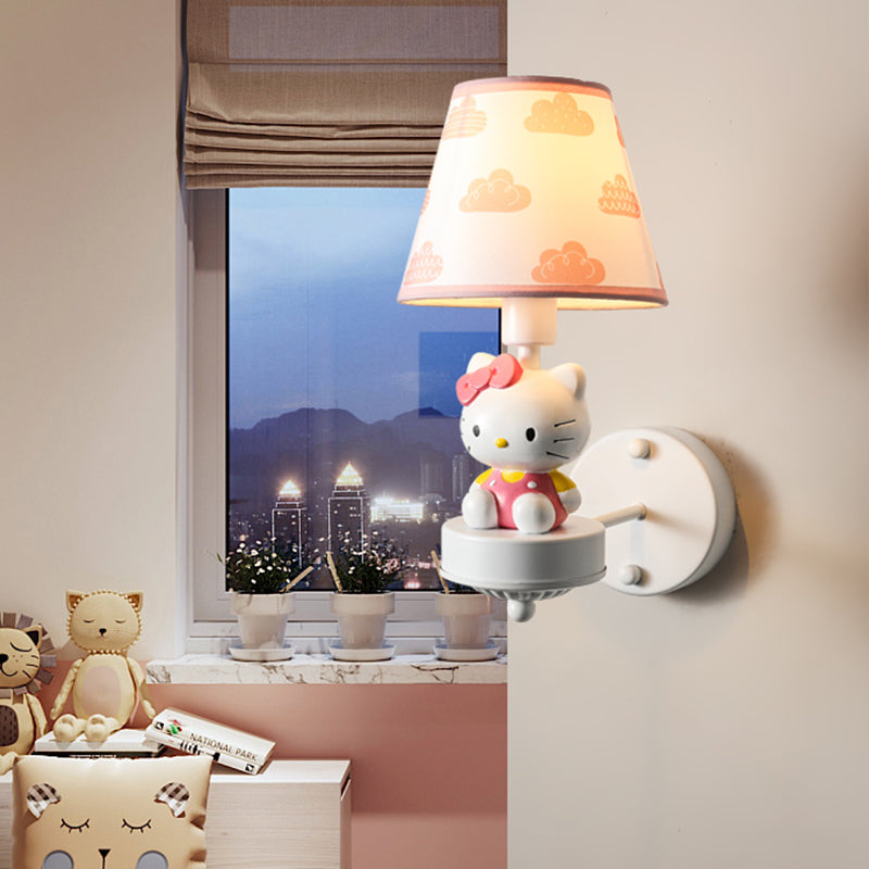 Single-Bulb Bedroom Wall Light Fixture Cartoon White Wall Mount Light with Conical Fabric Shade