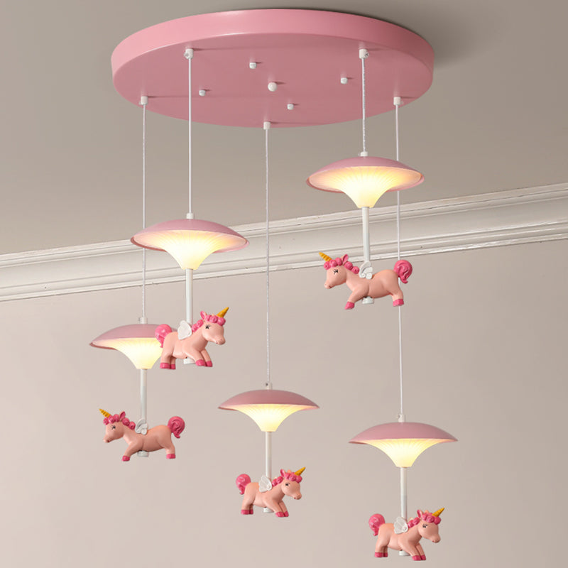 Mushroom Shade Bedroom Multi Pendant Metal LED Kid Ceiling Pendant with Unicorn Deco, Pink