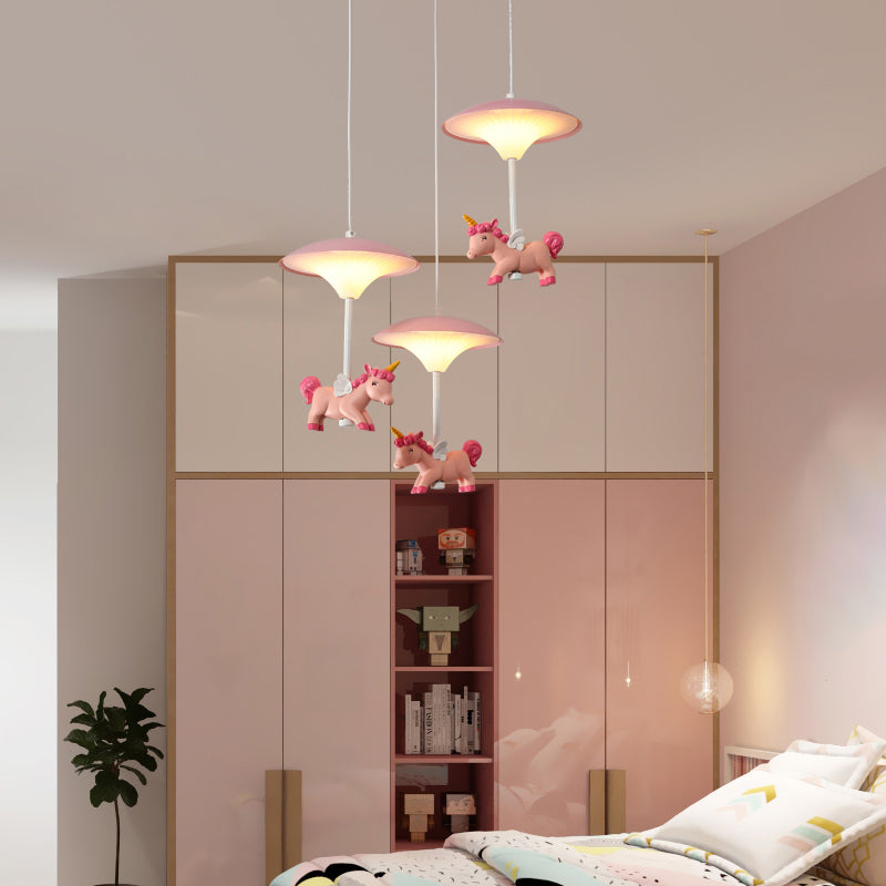 Mushroom Shade Bedroom Multi Pendant Metal LED Kid Ceiling Pendant with Unicorn Deco, Pink