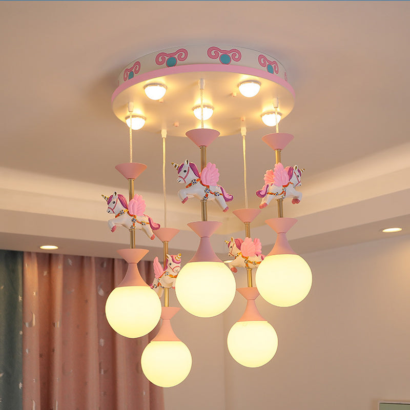 Resin Merry-Go-Round Multi Light Pendant Lighting Creative Drop Pendant with Unicorn Figurine for Bedroom