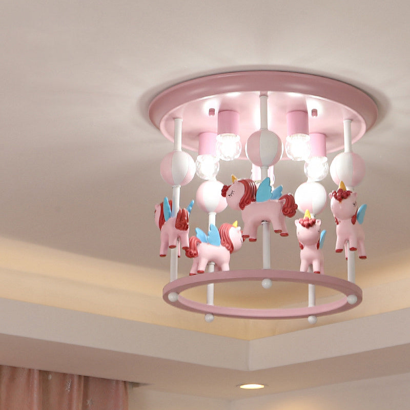 Merry-Go-Round Nursery Flush Ceiling Light Resin 6 Heads Kid Semi Flush Mount Light Fixture