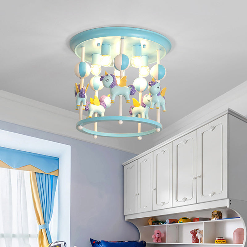 Merry-Go-Round Nursery Flush Ceiling Light Resin 6 Heads Kid Semi Flush Mount Light Fixture