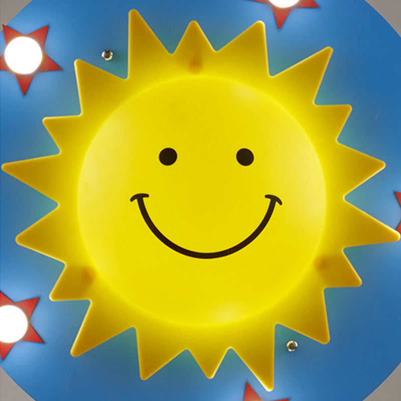 Kid Sun Flushmount Ceiling Fixture Wood 6 Bulbs Bedroom Flush Ceiling Light in Blue